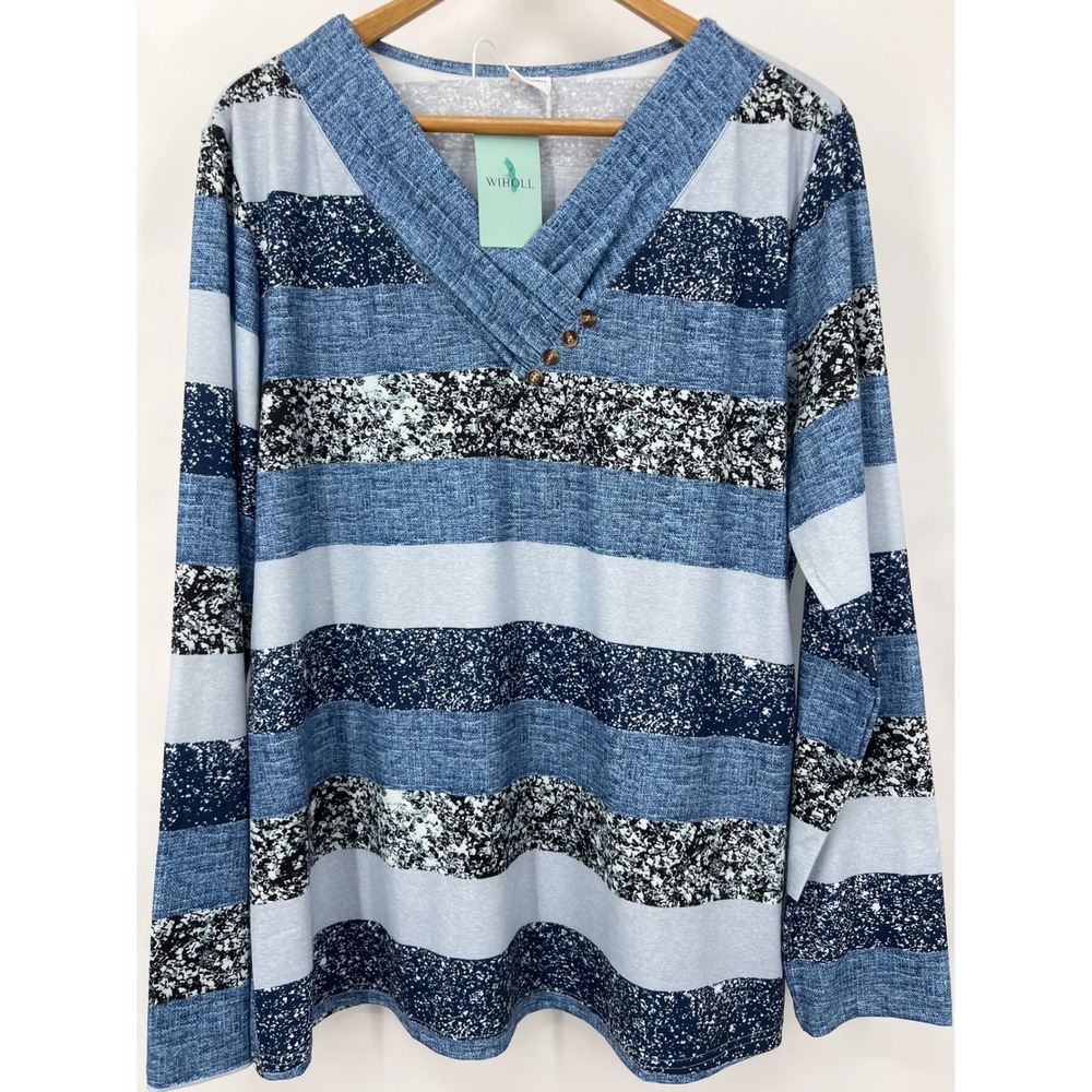 WIHOLL Womens Blue Striped V-Neck Long Sleeve Button Accent Top XL Patchwork New